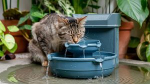 Katze trinkt aus Trinkbrunnen
